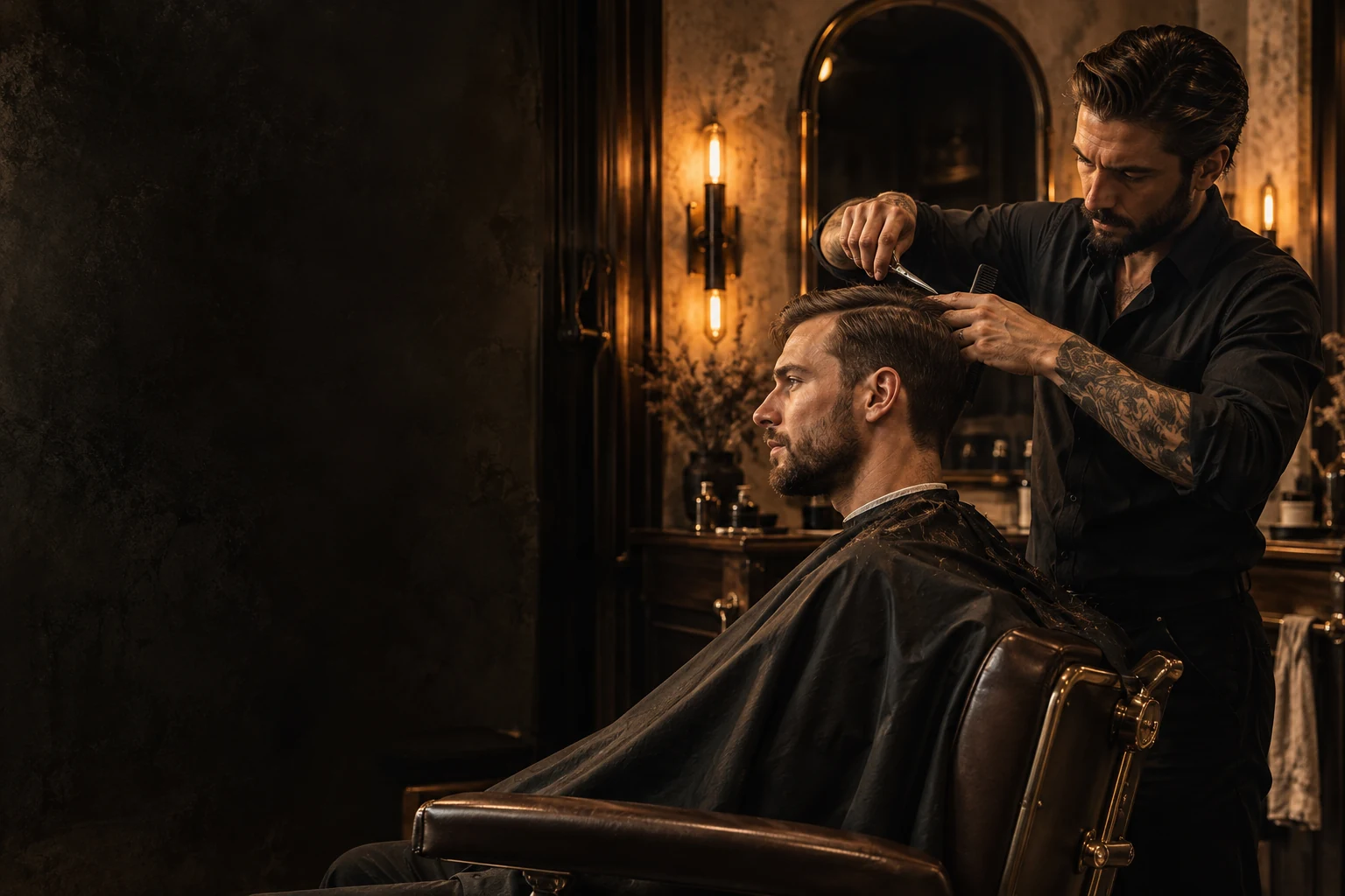 Een barber aan het werk, met volle aandacht voor de coupe.