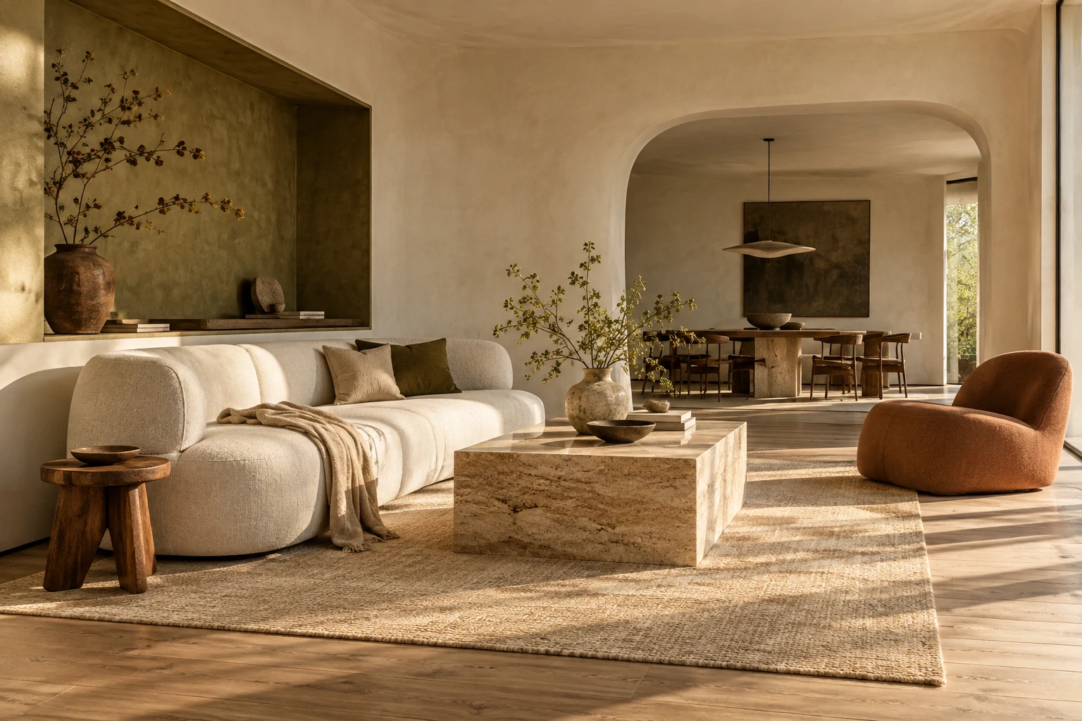 Een lichte woonkamer met warm hout en natuurlijke kleuren